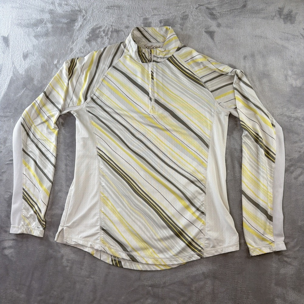 SanSoleil Womens S Golf Shirt UPF 50 1/4 Zip Long Sleeve Striped White Yellow